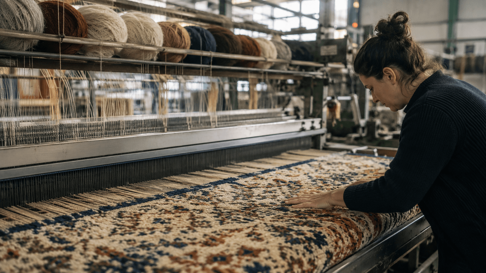 Wizualizacja pracownicy kontrolującej dywan podczas procesu produkcji w zakładzie włókienniczym.